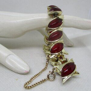 1950s Glass Cabochon Sectional Bracelet Clear Red Glass Gold Tone Metal Bracelet